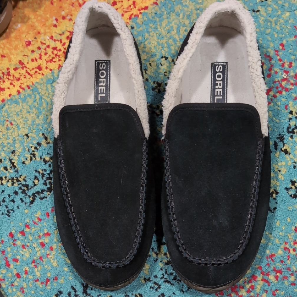 Sorel Falcon Ridge Black Suede Slippers Men's Size 10 Cozy Fleece Lined Moccasin